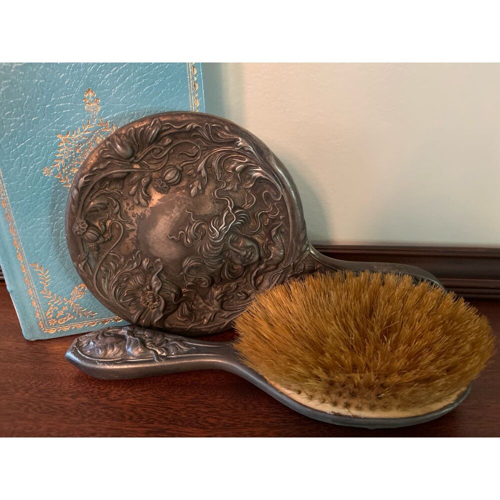 Antique Art Nouveau Silverplate Vanity Set Hand Mirror Brush  Lady Derby Sty
